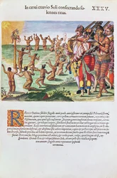 Ritual de adoração do sol com oferenda de um cervo, de &39;Brevis Narratio&39;, gravado por Theodore de Bry (1528-98) 1563